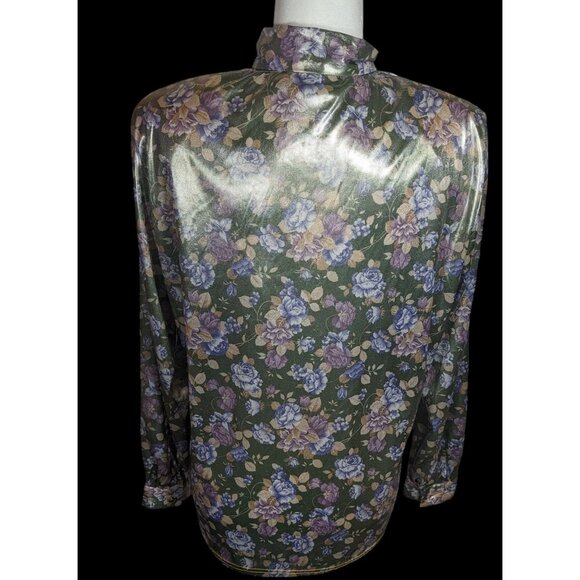 Shara Vintage Metallic Floral Slick Feel Button Up Blouse With Shoulder Pads - Picture 2 of 12